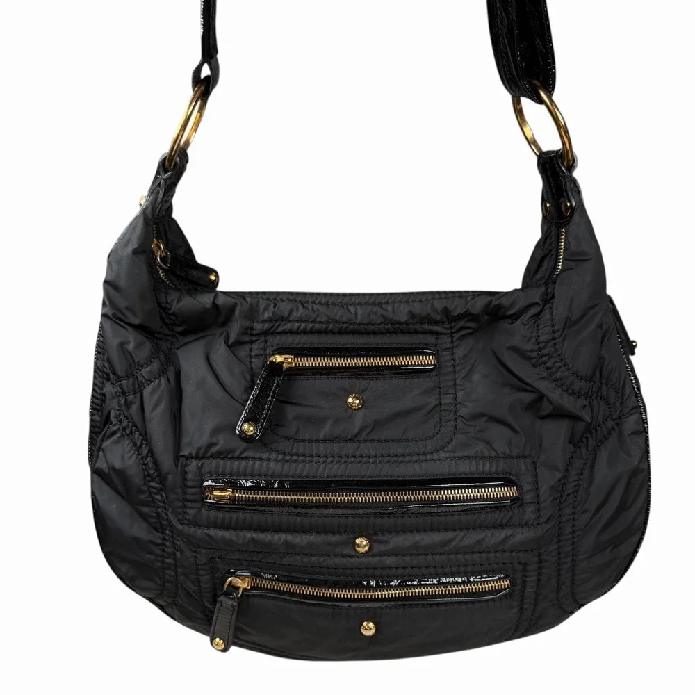 Tod's Tods Pashmy‎ Luna Black Nylon & Patent Leather Hobo w Zipper Detail